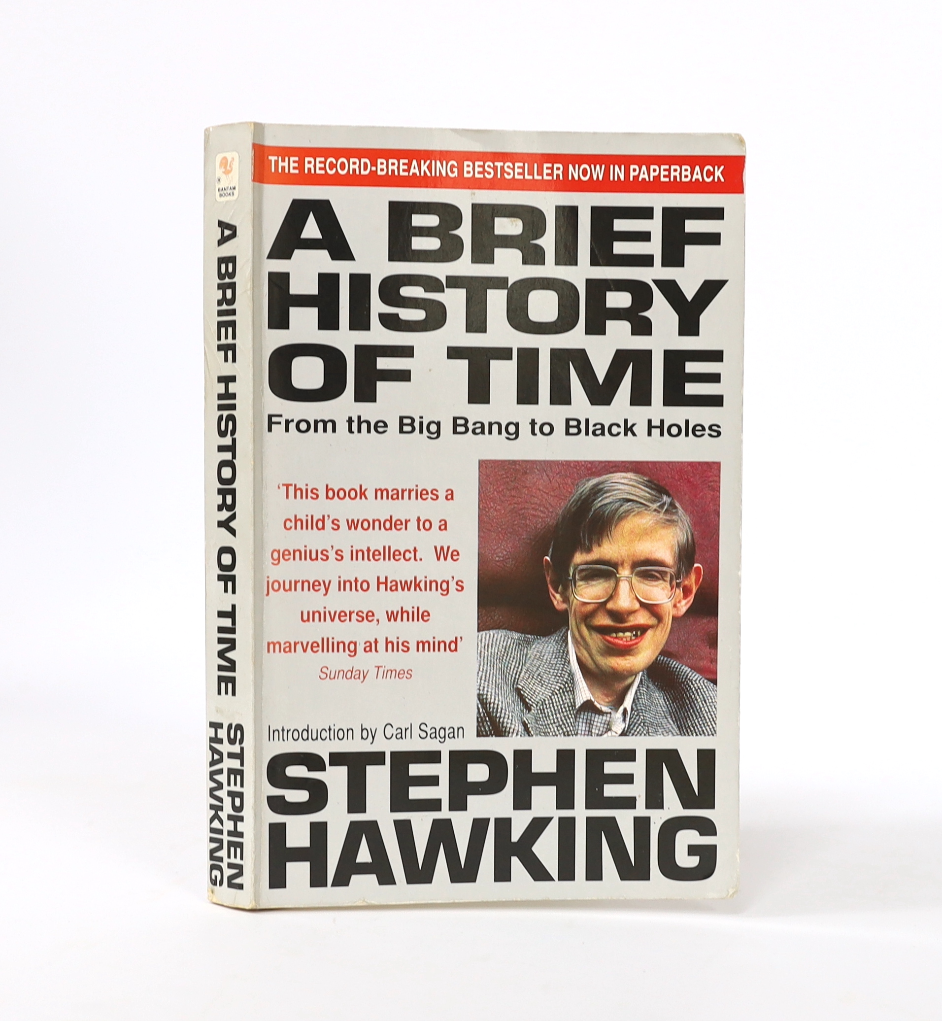 Stephen Hawking; A Brief History of Time, Bantam Books paperback edition, 1995, signed by Stephen Hawking with a thumb print